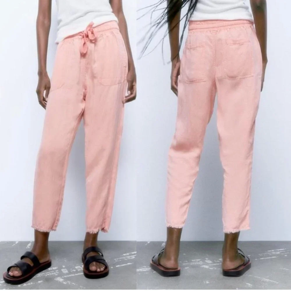 Zara Raw Hem Trousers Pink Linen Blend High Rise Utility Joggers
